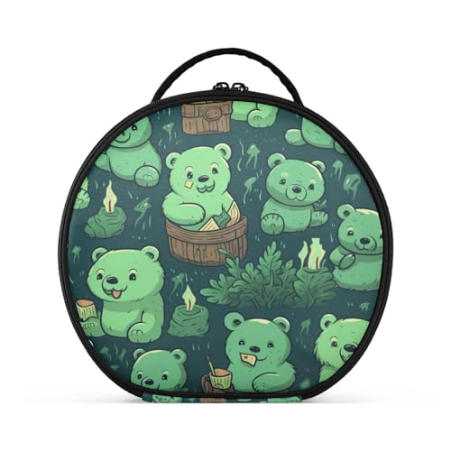 Süße Bären-Grüne Cartoon-Muster Reißverschluss Kulturbeutel Rund Kosmetiktasche Kreativ Make up Taschen mit Verstellbaren Trennern für Mädchen von KAAVIYO