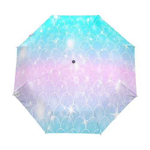 Süße Fischschuppen-Meerjungfrau Regenschirm Auf-Zu Automatik UV-Schutz Taschenschirm Winddichter Umbrella Klein Leicht Schirm Kompakt Schirme für Jungen Mädchen Reise Strand Frauen von KAAVIYO