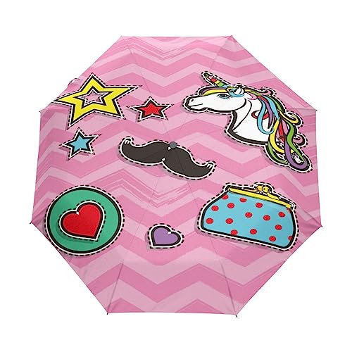Süße Streifen Einhorn Sterne Regenschirm Taschenschirm Auf-Zu Automatik Schirme Winddicht Leicht Kompakt UV-Schutz Reise Schirm für Jungen Mädchen Strand Frauen von KAAVIYO