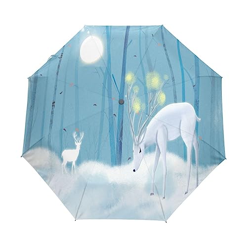 Süßer Hirsch Nachtwald Regenschirm Taschenschirm Auf-Zu Automatik Schirme Winddicht Leicht Kompakt UV-Schutz Reise Schirm für Jungen Mädchen Strand Frauen von KAAVIYO