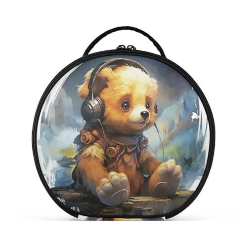 Süßer Musikbär Reißverschluss Kulturbeutel Rund Kosmetiktasche Kreativ Make up Taschen mit Verstellbaren Trennern für Mädchen von KAAVIYO