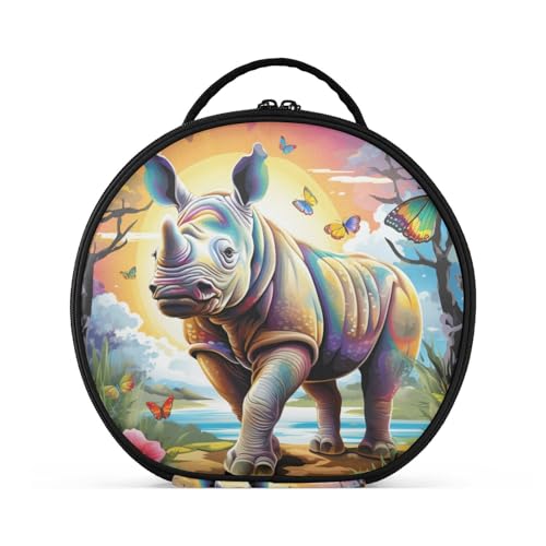 Süßes Cartoon-Blumennashorn Reißverschluss Kulturbeutel Rund Kosmetiktasche Kreativ Make up Taschen mit Verstellbaren Trennern für Mädchen von KAAVIYO