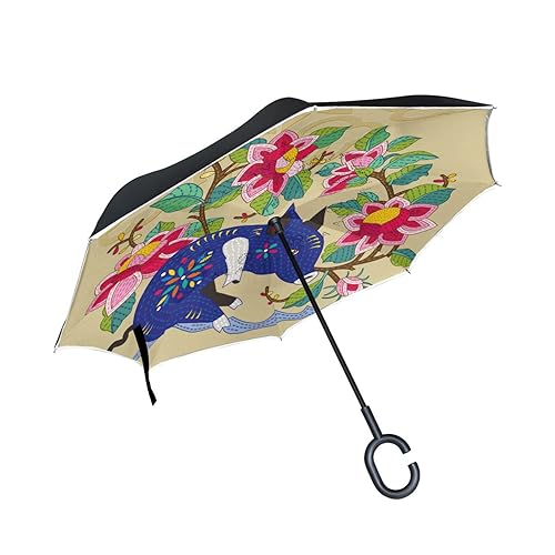 Tier Schwein Blume Floral Invertierter Regenschirm UV-Schutz Winddichter Umbrella Invertiert Schirm Kompakt Umkehren Schirme für Auto Jungen Mädchen Reise Strand Frauen von KAAVIYO