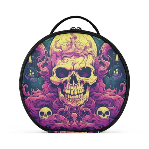 Totenkopf Lila Flamme Kunst Reißverschluss Kulturbeutel Rund Kosmetiktasche Kreativ Make up Taschen mit Verstellbaren Trennern für Mädchen von KAAVIYO