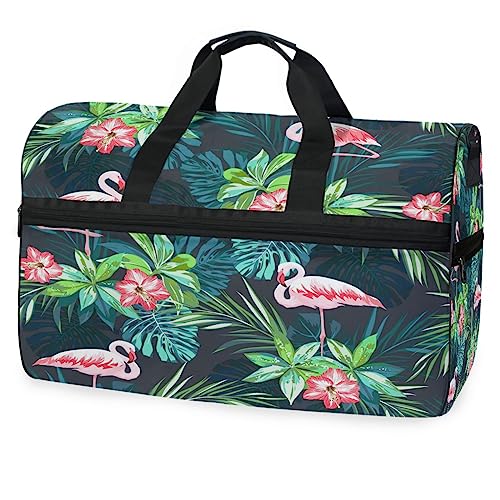 Tropischer Blattblumenflamingo Sporttasche Badetasche mit Schuhfach Reisetaschen Handtasche für Reisen Frauen Mädchen Männer von KAAVIYO