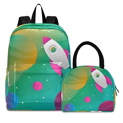 Universe Raketenstern Büchertasche Lunchpaket Set Schulter Rucksacks Bookbag Kinderrucksack Isolierte Lunchbox-Tasche für Mädchen Jungs von KAAVIYO