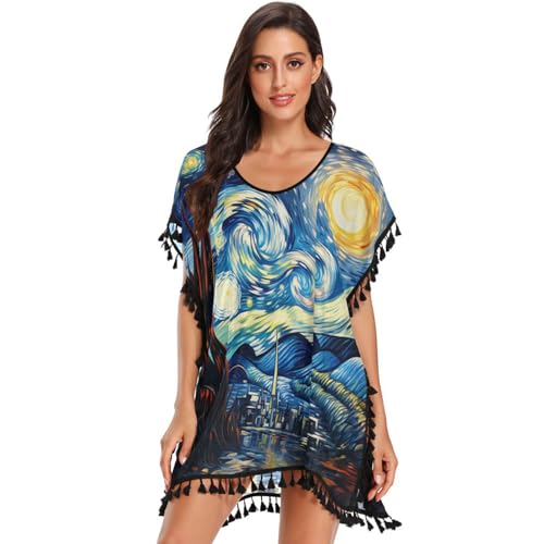 Van Gogh Kunst Mond Chiffon Bademode Strand Vertuschen Damen Strandkleid Bikini Sommer Cover Up von KAAVIYO