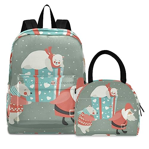 KAAVIYO Weihnachtsbär Schnee Büchertasche Lunchpaket Set Schulter Rucksacks Bookbag Kinderrucksack Isolierte Lunchbox-Tasche für Mädchen Jungs von KAAVIYO