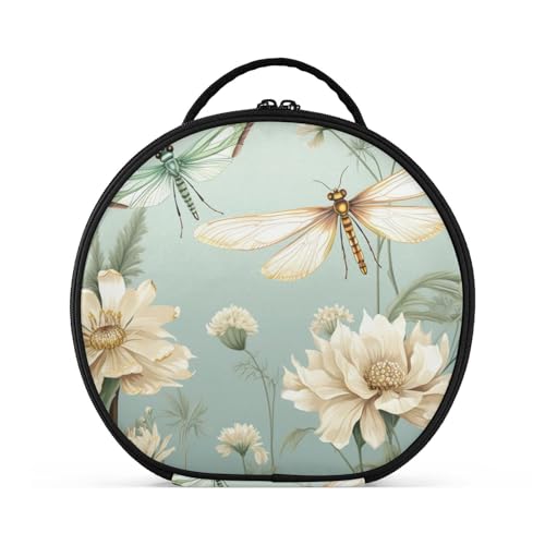 Weiße Blume Libelle Reißverschluss Kulturbeutel Rund Kosmetiktasche Kreativ Make up Taschen mit Verstellbaren Trennern für Mädchen von KAAVIYO