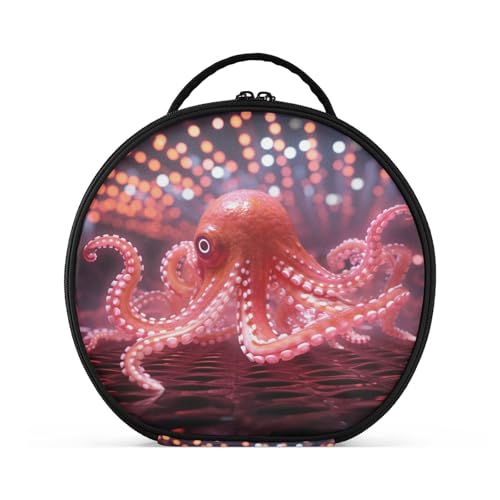 Weltraum-Feuer-Kunst-Krake Reißverschluss Kulturbeutel Rund Kosmetiktasche Kreativ Make up Taschen mit Verstellbaren Trennern für Mädchen von KAAVIYO