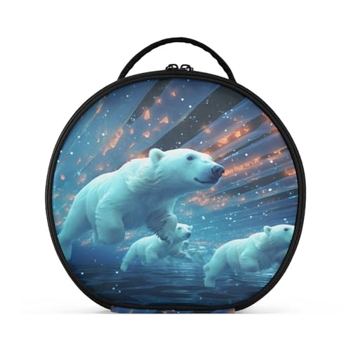 Weltraum Fliegende Funkelnde Eisbären Reißverschluss Kulturbeutel Rund Kosmetiktasche Kreativ Make up Taschen mit Verstellbaren Trennern für Mädchen von KAAVIYO