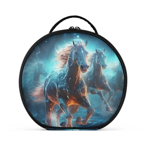 Weltraumblaue Laufende Pferde Reißverschluss Kulturbeutel Rund Kosmetiktasche Kreativ Make up Taschen mit Verstellbaren Trennern für Mädchen von KAAVIYO