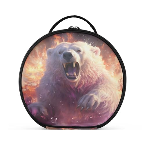 Wütender Eisbär Lila Feuer Reißverschluss Kulturbeutel Rund Kosmetiktasche Kreativ Make up Taschen mit Verstellbaren Trennern für Mädchen von KAAVIYO