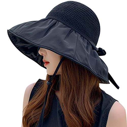 Damen Sonnenhüte mit breiter Krempe UV-Schutz Mesh Strohhut Sommer Faltbar Strandhut UPF 50+, schwarz von KABAKE