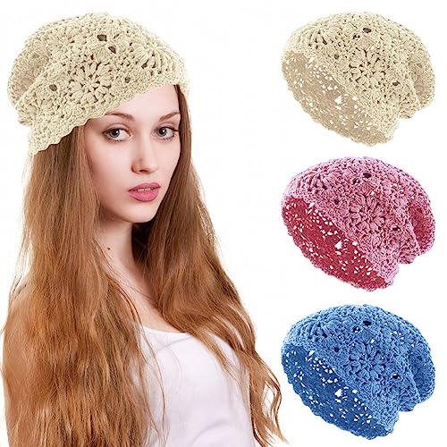 KABAKE Frauen Baumwolle Häkelmütze Handgemachte Strick Floral Slouchy Beanie Hut Gestrickte Cutout Sommer Schädel Cap, 3 Stück von KABAKE