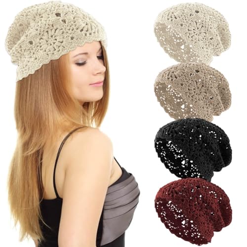 KABAKE Frauen Baumwolle Häkelmütze Handgemachte Strick Floral Slouchy Beanie Hut Gestrickte Cutout Sommer Schädel Cap, 4 Stück von KABAKE