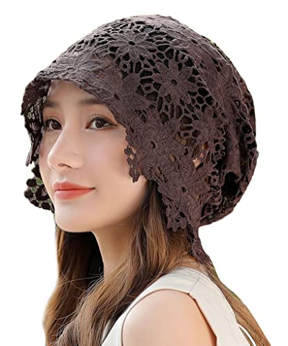 KABELIF Damen Mädchen Häkelmütze mit Blumen Spitze Beanie Mütze Aushöhlen Mütze Handgemachte Gehäkelte Spitze Hut Frühling Sommer Elastischer Strickmützen (Kaffee) von KABELIF