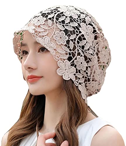 KABELIF Damen Mädchen Häkelmütze mit Blumen Spitze Beanie Mütze Frühling Sommer Elastischer Strickmützen Haarschmuck (Khaki A) von KABELIF