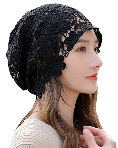 KABELIF Damen Mädchen Häkelmütze mit Blumen Spitze Beanie Mütze Frühling Sommer Elastischer Strickmützen Haarschmuck (Schwarz A) von KABELIF