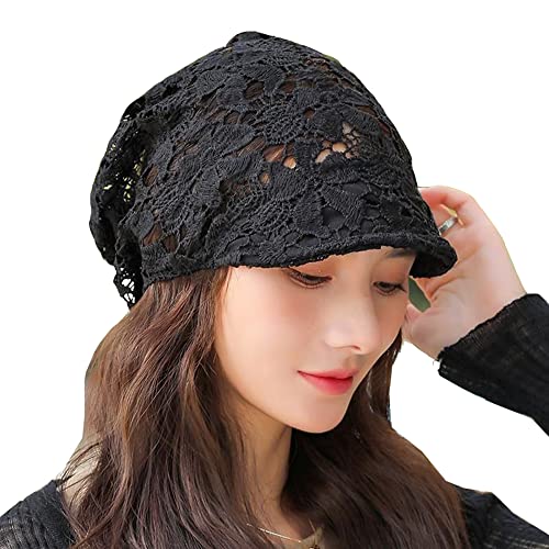 KABELIF Damen Mädchen Häkelmütze mit Blumen Spitze Beanie Mütze Frühling Sommer Elastischer Strickmützen Haarschmuck (Schwarz B) von KABELIF