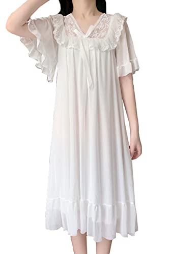 KABELIF Damen Nachthemd Kurzarm mit Rüsche Spitze Schlafkleid Süß Prinzessin Nachtkleid Viktorianischer Stil Nachtwäsche (Weiß) von Bhgytec