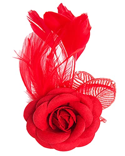 KABELIF Elegant Damen Blume Brosche mit Federn, Blume Ansteckblume, Blume Haarspange, Haarclip Blume, Blumen Haarnadeln Haarblume Haarblüte Haarschmuck (Rot) von KABELIF