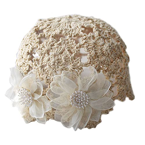 KABELIF Vintage Damen Mädchen Häkelmütze mit Blumen Handgemacht Beanie Mütze Frühling Sommer Herbst Elastischer Strickmützen (Beige) von KABELIF