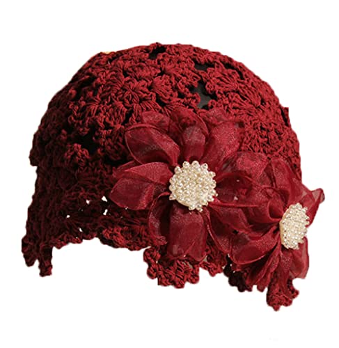 KABELIF Vintage Damen Mädchen Häkelmütze mit Blumen Handgemacht Beanie Mütze Frühling Sommer Herbst Elastischer Strickmützen (Weinrot) von KABELIF