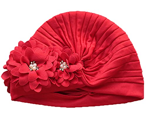 KABELIF Vintage Damen Mütze Blumen Turban Hut Perle Beanie Cap Elastischer Lotus Turban Headwear Head Wrap Stirnband Sommer Hut (Rot) von KABELIF