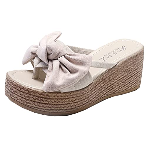Kabelife Damen Keilabsatz Sandalen mit Schleife High Heels Wedges Strandsandalen Plateau Pantoletten Freizeit Sommerschuhe (Beige, numeric_38) von Kabelife