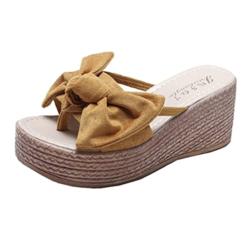 Kabelife Damen Keilabsatz Sandalen mit Schleife High Heels Wedges Strandsandalen Plateau Pantoletten Freizeit Sommerschuhe (Gelb, numeric_35) von Kabelife