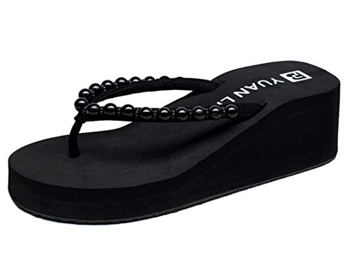 Kabelife Damen Perlen Flip Flops Sandalenmit Keilabsatz Pantoletten Beach Slipper Sommer Strand Zehentrenner (Schwarz, numeric_39) von Kabelife