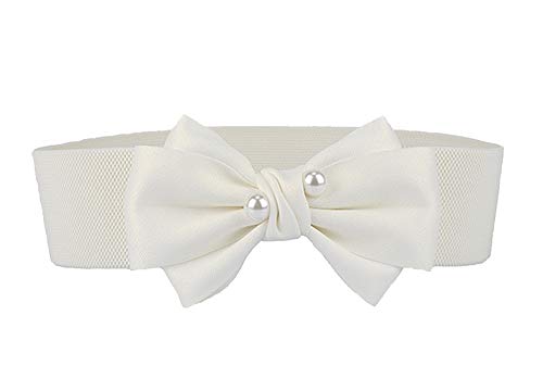 KABELIFE Elegant Damen Schleife Gürtel mit Perlen elastischer breiter Stretch Taillengürte Tailleband Kleid Gürtel (Weiß, L) von KABELIFE