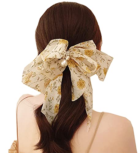 KABELIFE Wunderschönen Damen Haarspange mit Blumen Groß Schleife Perlen Haarklammern Haarschleifen Clip für Frauen Mädchen (Gelb) von KABELIFE