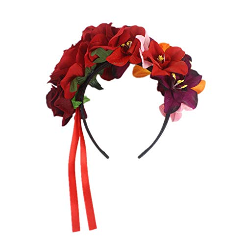 KADSXIYA Halloween Tag der Toten Kopfschmuck Strand Urlaub künstliche Rose Orchidee Blume Krone rote Bänder Urlaub Festival Party Kranz Stirnband von KADSXIYA