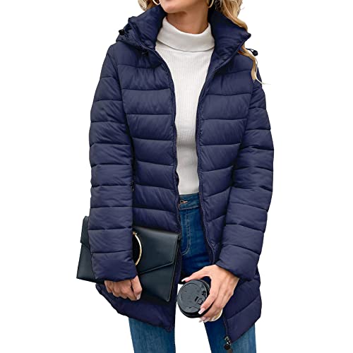 Damen Puffer Jacke Full Zip Langarm Daunenmäntel Gesteppte Komfortjacke mit Taschen (as3, alpha, l, regular, regular, Blau) von KADUNDI