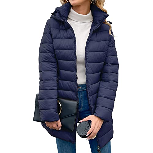 Damen Puffer Jacke Full Zip Langarm Daunenmäntel Gesteppte Komfortjacke mit Taschen (as3, alpha, xx_l, regular, regular, Blau) von KADUNDI