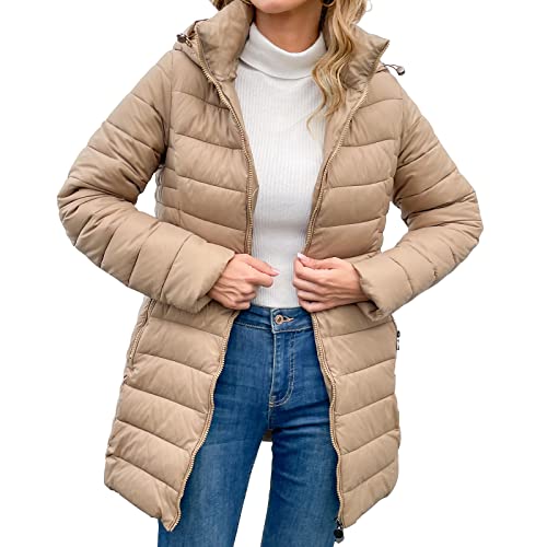 KADUNDI Damen Puffer Jacke Full Zip Langarm Daunenmäntel Gesteppte Komfortjacke mit Taschen (as3, alpha, l, regular, regular, Khaki) von KADUNDI