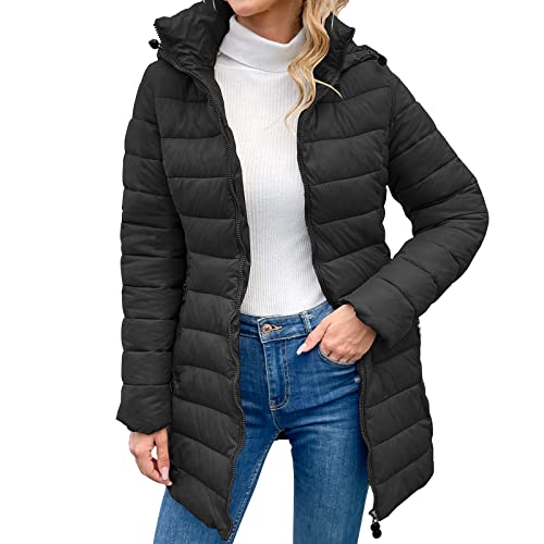 KADUNDI Damen Puffer Jacke Full Zip Langarm Daunenmäntel Gesteppte Komfortjacke mit Taschen (as3, alpha, l, regular, regular, Schwarz) von KADUNDI