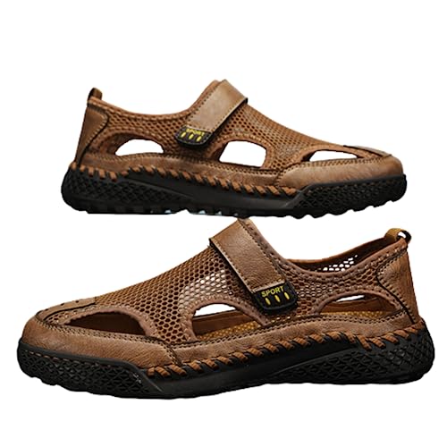 KAEAEILSS Herren Leder Sandalen Sport Outdoor Trekkingsandalen Atmungsaktive Leichte Wandersandalen Männer Sommer Offroadschuhe mit Klettverschluss Beach Geschlossene Sandalen Größe 38-47 von KAEAEILSS