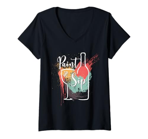 Damen Paint and Sip Party Night Wine and Sip Kunstdruck auf Leinwand T-Shirt mit V-Ausschnitt Damen Paint and Sip Party Night Wine and Sip Kunstdruck auf Leinwand T-Shirt mit V-Ausschnitt von KAEDAM Gifts: Paint and Sip
