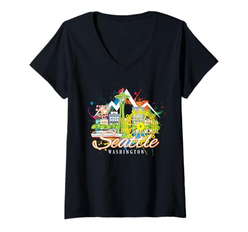 Damen Erinnerungsstück an die Skyline von Seattle Washington Space Needle Harbor T-Shirt mit V-Ausschnitt Damen Erinnerungsstück an die Skyline von Seattle Washington Space Needle Harbor T-Shirt mit V-Ausschnitt von KAEDAM Gifts: Washington: Seattle