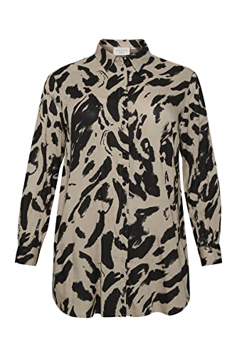 KAFFE CURVE Damen Plus-Size Button Up Printed Loose Fit Lange Ärmel Shirt, Schwarz/Feather Gray Leo, 42/Grande Taille von KAFFE CURVE