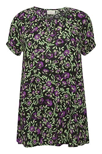 Kaffe Curve Damen Plus-Size Lange Bluse Short Sleeves Round Neck Tunic, Schwarz/Grün/Lila Blume, 48 DE/Groß von KAFFE CURVE