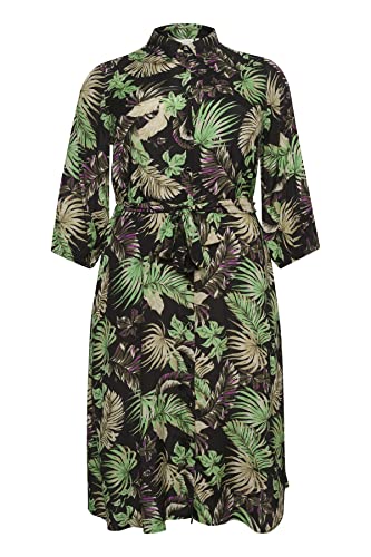 KAFFE CURVE Damen Plussize Shirt Midi Lange Ärmel Taille Gürtel Kleid, Grün/Schwarz/Lila Palm Print, 46/Grande von KAFFE CURVE