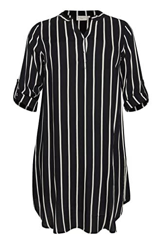 KAFFE CURVE Kleid KCmilana Kleid Große Größen Damen 3/4 Arm Shirt V-Ausschnitt 52, Black/Chalk Stripe 52 von KAFFE CURVE