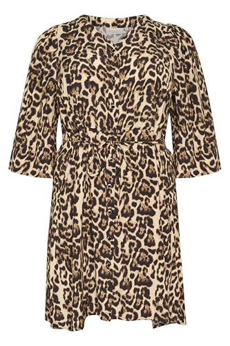Kaffe Curve Damen Plus Size Women's Dress V-Neck Buttons Belt 3/4 Sleeves Knee Length Kleid, Natürlicher Leoparden-Druck, 50 Größen von KAFFE CURVE