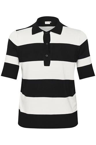 Kaffe Curve Damen Plus Size Women's Polo Knitted Striped Half Sleeves Regular Fit Pullover, Schwarz/Chalk Bold Stripe, M Größen von KAFFE CURVE