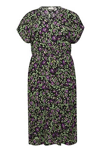 Kaffe Curve Damen Übergröße Midi, Kurze Ärmel, V-Ausschnitt, lockere Passform Kleid, Schwarz/Grün/Lila, 46 von KAFFE CURVE