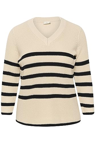Kaffe Curve Plus-Size Damen Knitted Pullover Lang Ärmel V-Ausschnitt Streifen, Sand Dollar/Black Stripe von KAFFE CURVE